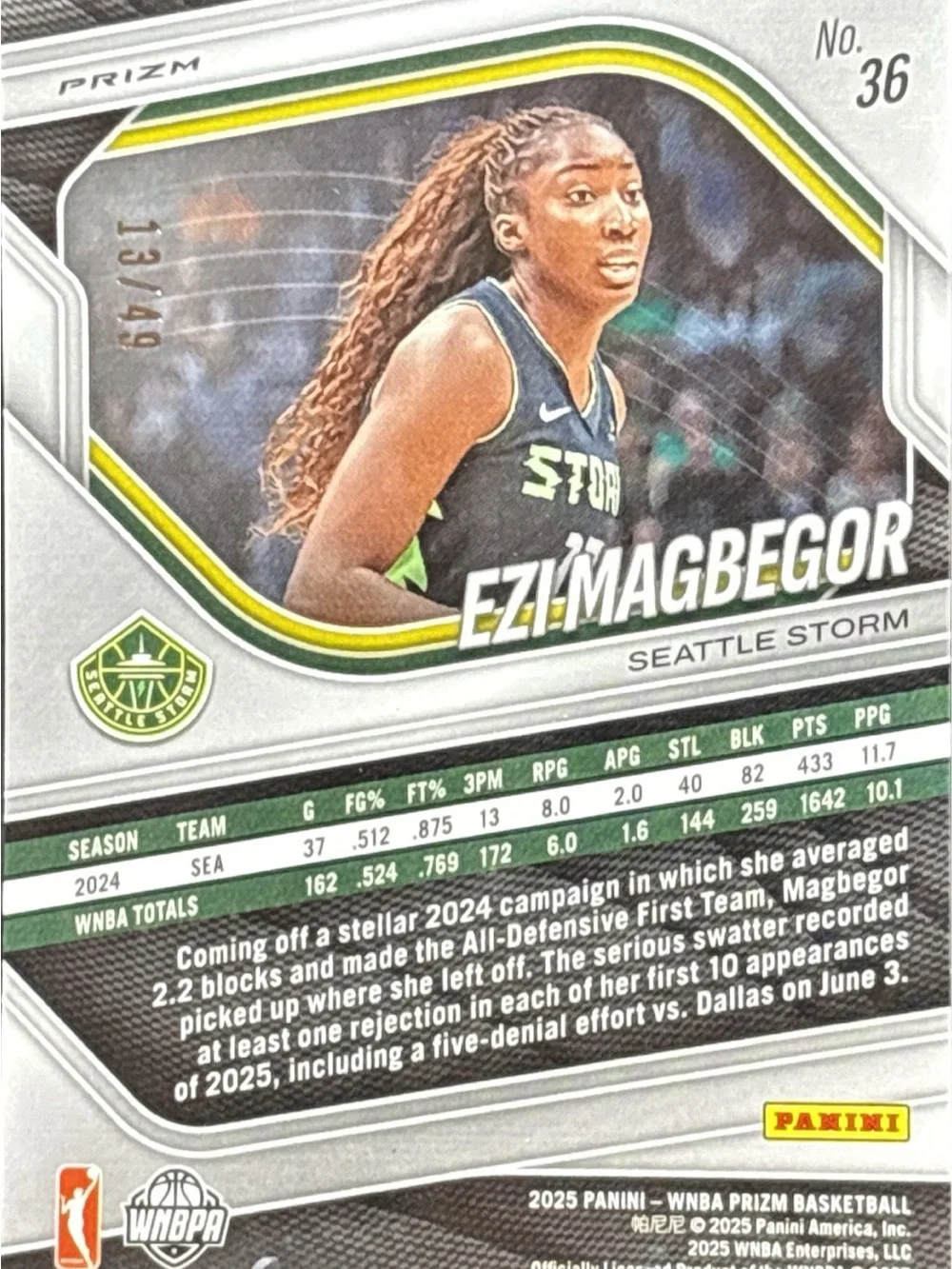 Panini Prizm Teal Holographic Ezi Magbegor Seattle Storm Card - LE 13/49